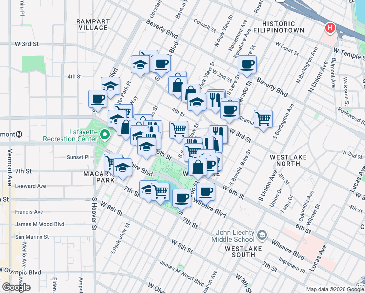 map of restaurants, bars, coffee shops, grocery stores, and more near 437 South Grand View Street in Los Angeles