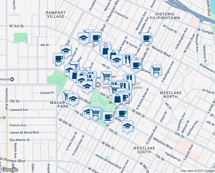 map of restaurants, bars, coffee shops, grocery stores, and more near 437 South Grand View Street in Los Angeles