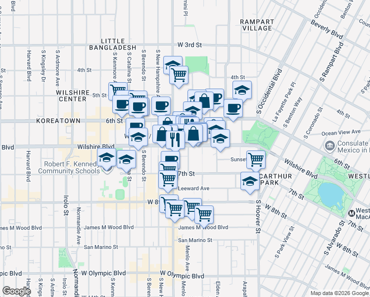 map of restaurants, bars, coffee shops, grocery stores, and more near 3104 Wilshire Boulevard in Los Angeles