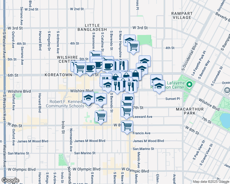 map of restaurants, bars, coffee shops, grocery stores, and more near 3200 Wilshire Boulevard in Los Angeles