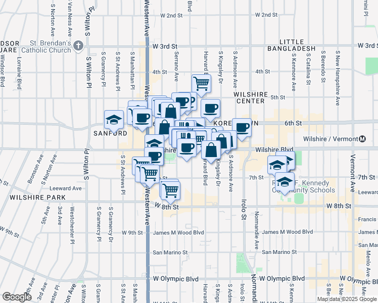 map of restaurants, bars, coffee shops, grocery stores, and more near 3663 Wilshire Boulevard in Los Angeles