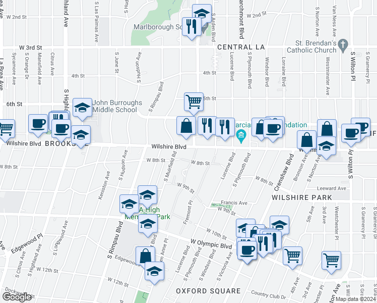 map of restaurants, bars, coffee shops, grocery stores, and more near in Los Angeles