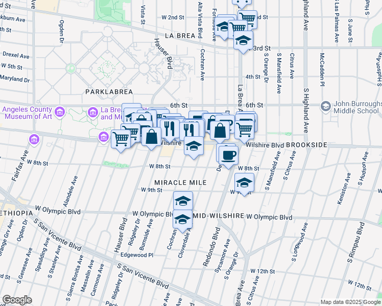 map of restaurants, bars, coffee shops, grocery stores, and more near 5500 Wilshire Boulevard in Los Angeles