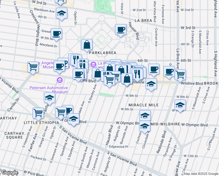 map of restaurants, bars, coffee shops, grocery stores, and more near 5750 Wilshire Boulevard in Los Angeles