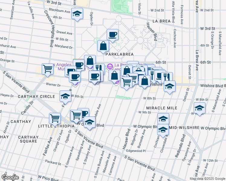 map of restaurants, bars, coffee shops, grocery stores, and more near 712 South Stanley Avenue in Los Angeles