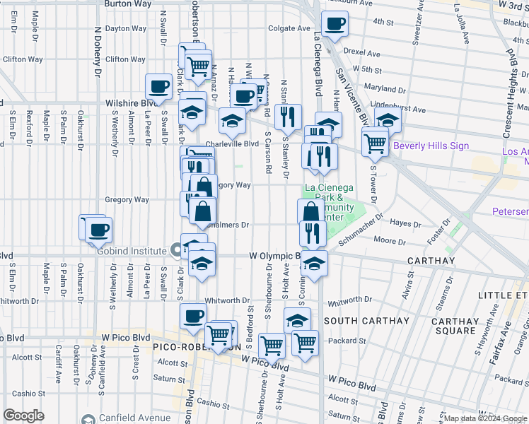map of restaurants, bars, coffee shops, grocery stores, and more near 828 South Bedford Street in Los Angeles