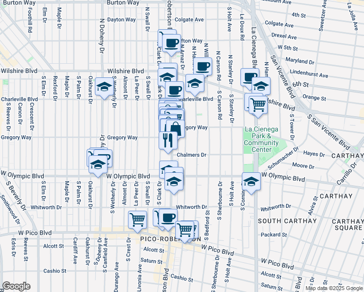 map of restaurants, bars, coffee shops, grocery stores, and more near 822 South Robertson Boulevard in Los Angeles