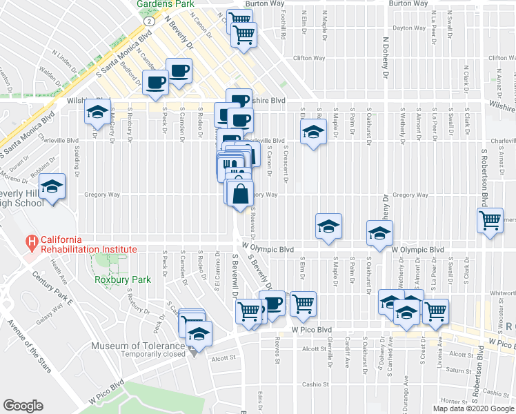 map of restaurants, bars, coffee shops, grocery stores, and more near 304 South Reeves Drive in Beverly Hills