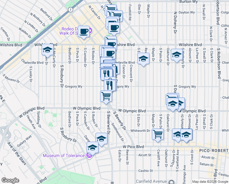 map of restaurants, bars, coffee shops, grocery stores, and more near 304 South Reeves Drive in Beverly Hills