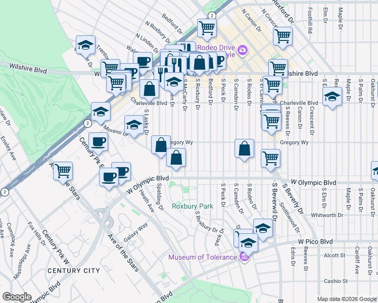 map of restaurants, bars, coffee shops, grocery stores, and more near 301 South McCarty Drive in Beverly Hills