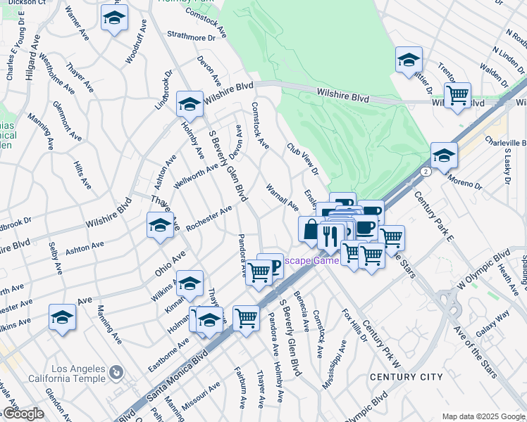 map of restaurants, bars, coffee shops, grocery stores, and more near 1425 Crestview Court in Los Angeles