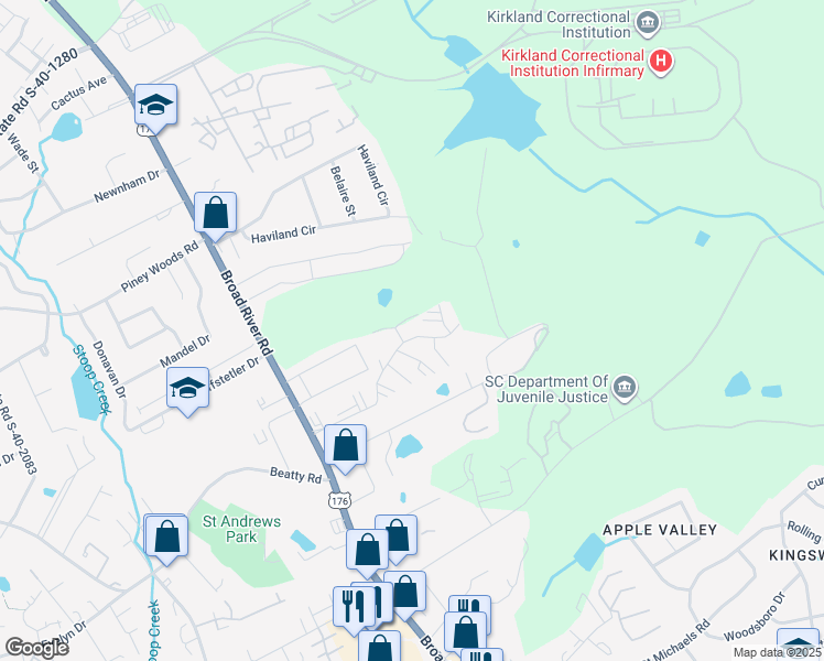 map of restaurants, bars, coffee shops, grocery stores, and more near 3830 Broad River Road in Columbia
