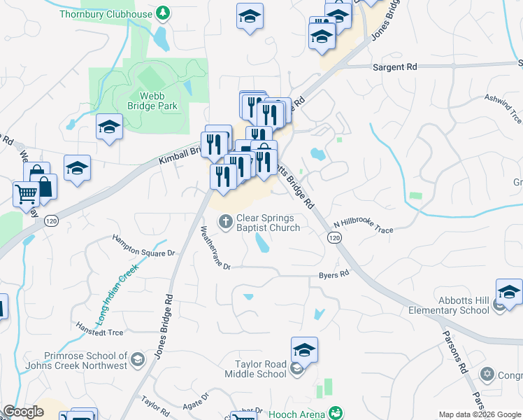 map of restaurants, bars, coffee shops, grocery stores, and more near 11504 Mabry Park Place in Alpharetta