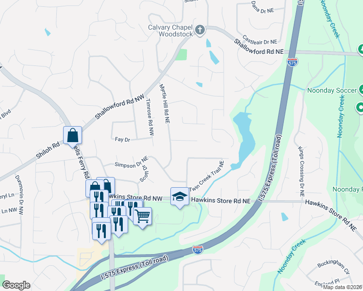 map of restaurants, bars, coffee shops, grocery stores, and more near 20 Yvette Court Northeast in Kennesaw