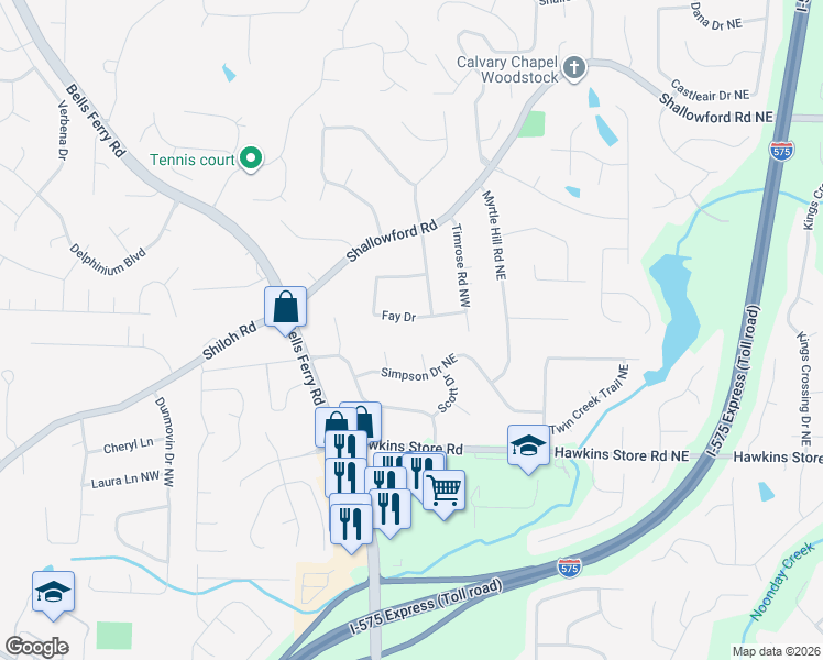 map of restaurants, bars, coffee shops, grocery stores, and more near 240 Fay Drive in Kennesaw