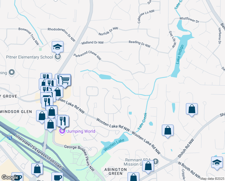 map of restaurants, bars, coffee shops, grocery stores, and more near 4344 White Surrey Drive Northwest in Kennesaw