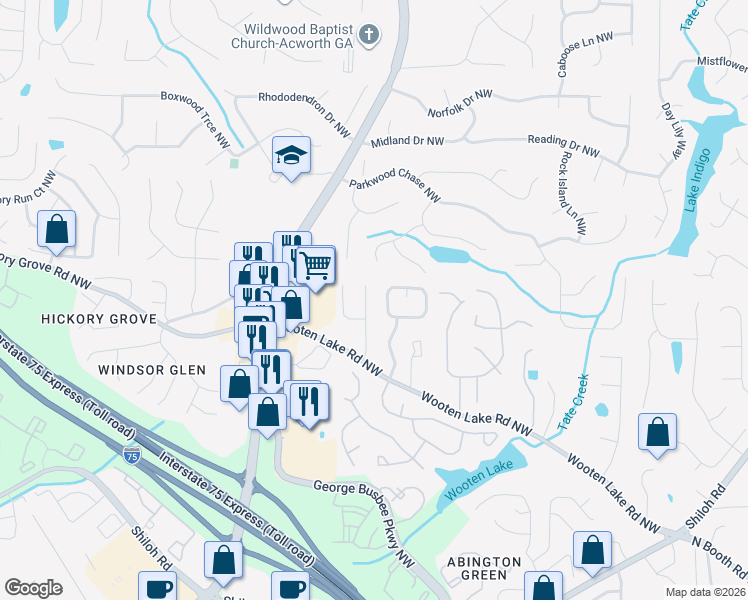 map of restaurants, bars, coffee shops, grocery stores, and more near 4398 Sahara Drive Northwest in Kennesaw