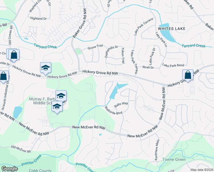 map of restaurants, bars, coffee shops, grocery stores, and more near 4419 Walforde Boulevard in Acworth