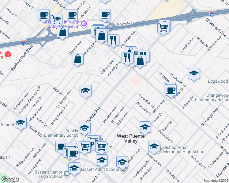 map of restaurants, bars, coffee shops, grocery stores, and more near 14104 Barrydale Street in La Puente
