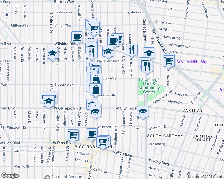 map of restaurants, bars, coffee shops, grocery stores, and more near 850 South Shenandoah Street in Los Angeles