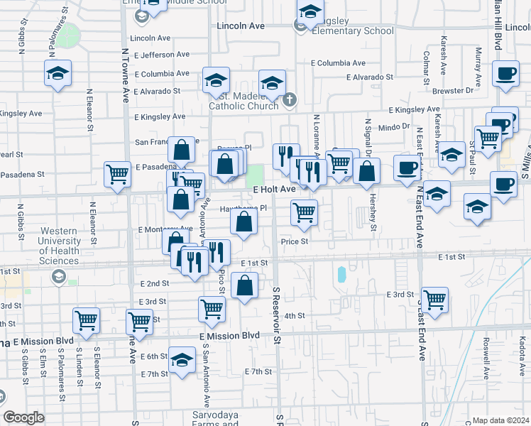 map of restaurants, bars, coffee shops, grocery stores, and more near 878 East Hawthorne Place in Pomona