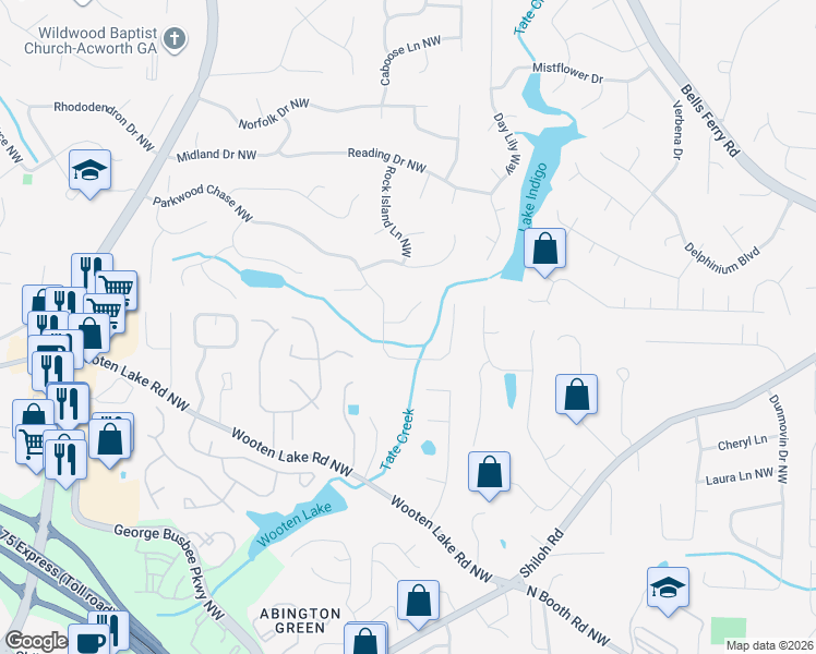 map of restaurants, bars, coffee shops, grocery stores, and more near 874 Westfield Row Northwest in Acworth