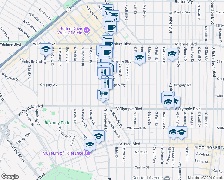 map of restaurants, bars, coffee shops, grocery stores, and more near 313 South Reeves Drive in Beverly Hills