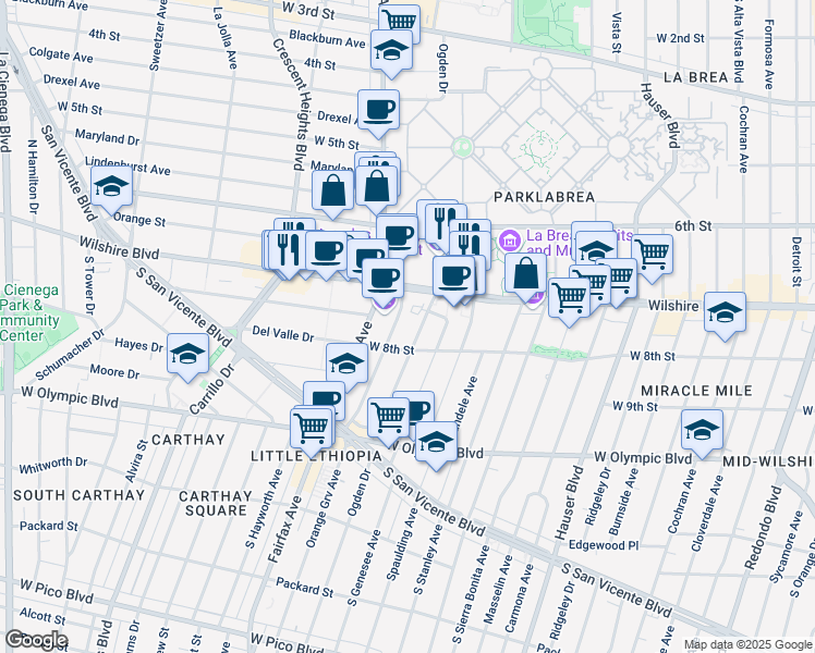 map of restaurants, bars, coffee shops, grocery stores, and more near 739 South Ogden Drive in Los Angeles