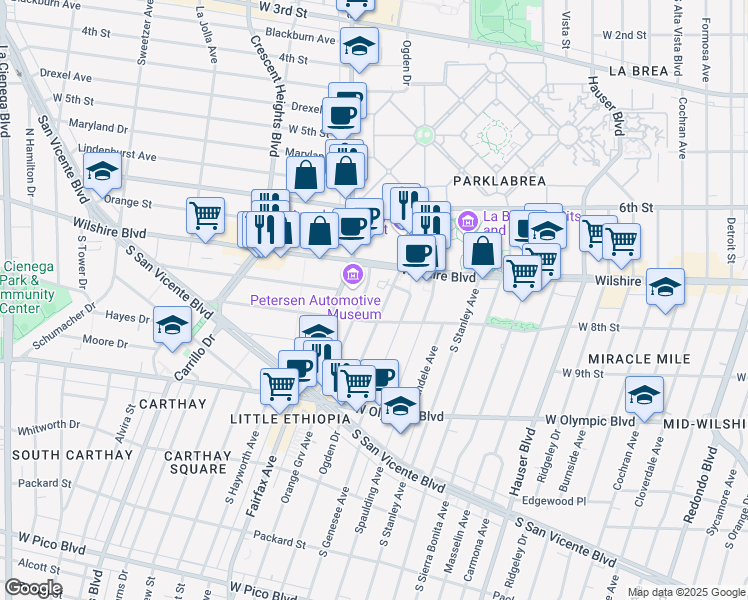 map of restaurants, bars, coffee shops, grocery stores, and more near 739 South Ogden Drive in Los Angeles