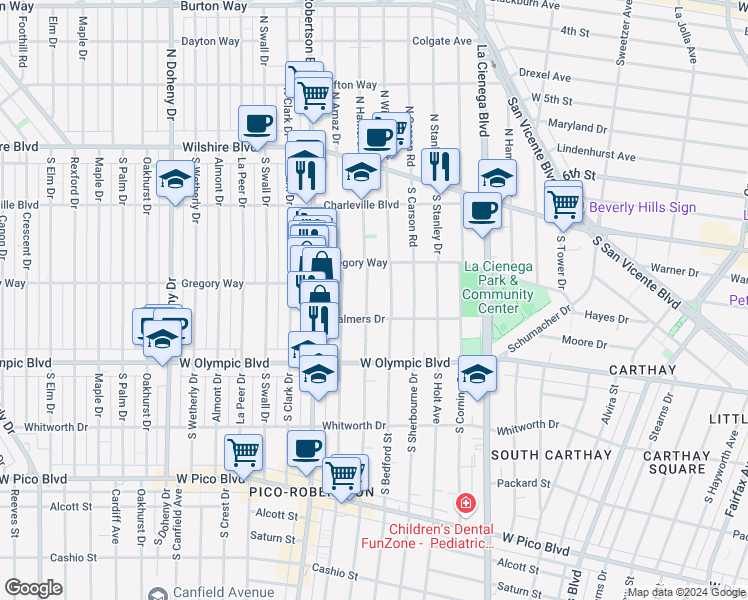 map of restaurants, bars, coffee shops, grocery stores, and more near 850 South Shenandoah Street in Los Angeles
