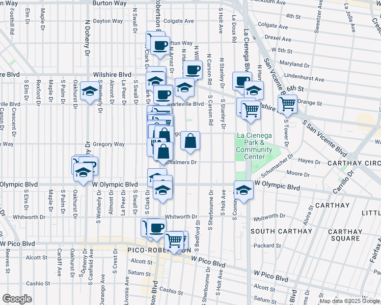 map of restaurants, bars, coffee shops, grocery stores, and more near 850 South Shenandoah Street in Los Angeles
