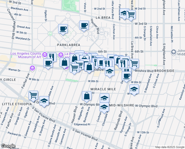 map of restaurants, bars, coffee shops, grocery stores, and more near 5600 Wilshire Boulevard in Los Angeles