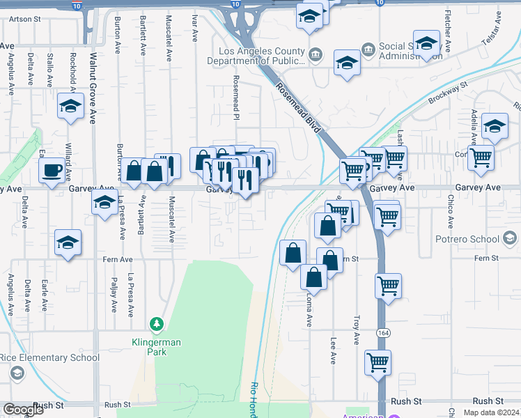 map of restaurants, bars, coffee shops, grocery stores, and more near in Rosemead