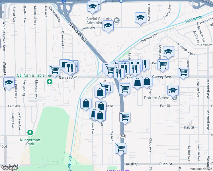 map of restaurants, bars, coffee shops, grocery stores, and more near 2760 Lee Avenue in South El Monte