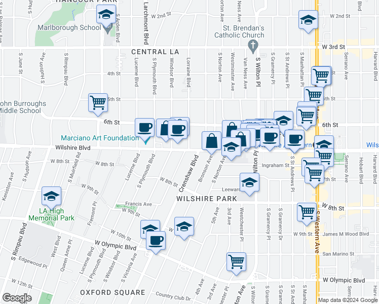 map of restaurants, bars, coffee shops, grocery stores, and more near 4218 Wilshire Boulevard in Los Angeles