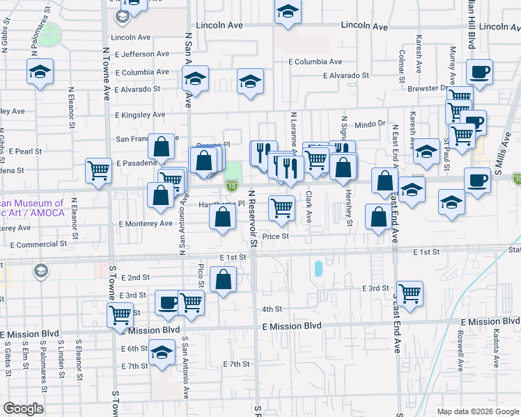 map of restaurants, bars, coffee shops, grocery stores, and more near 933 East Hawthorne Place in Pomona