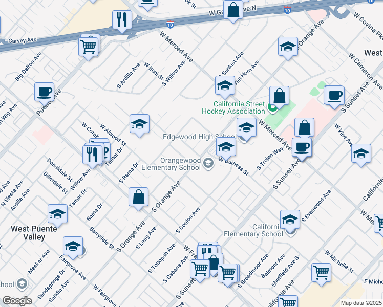 map of restaurants, bars, coffee shops, grocery stores, and more near 1816 West Yarnell Street in West Covina