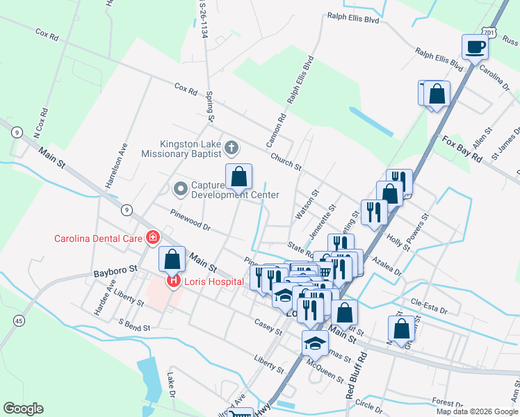 map of restaurants, bars, coffee shops, grocery stores, and more near 3537 Franklin Street in Loris