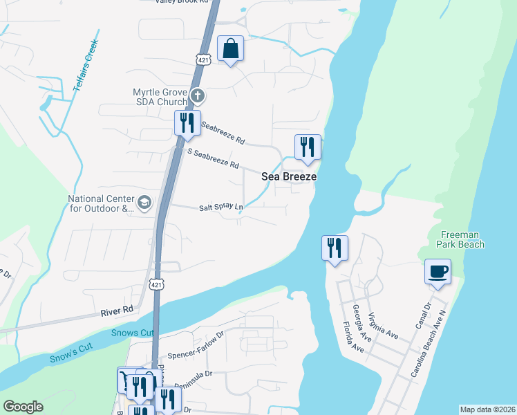 map of restaurants, bars, coffee shops, grocery stores, and more near 923 Salt Spray Lane in Wilmington