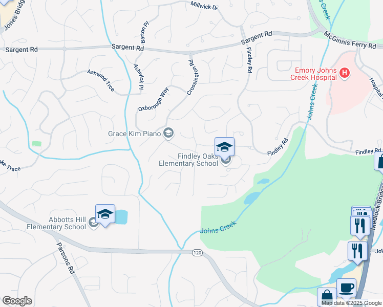 map of restaurants, bars, coffee shops, grocery stores, and more near 11620 Bentham Court in Alpharetta