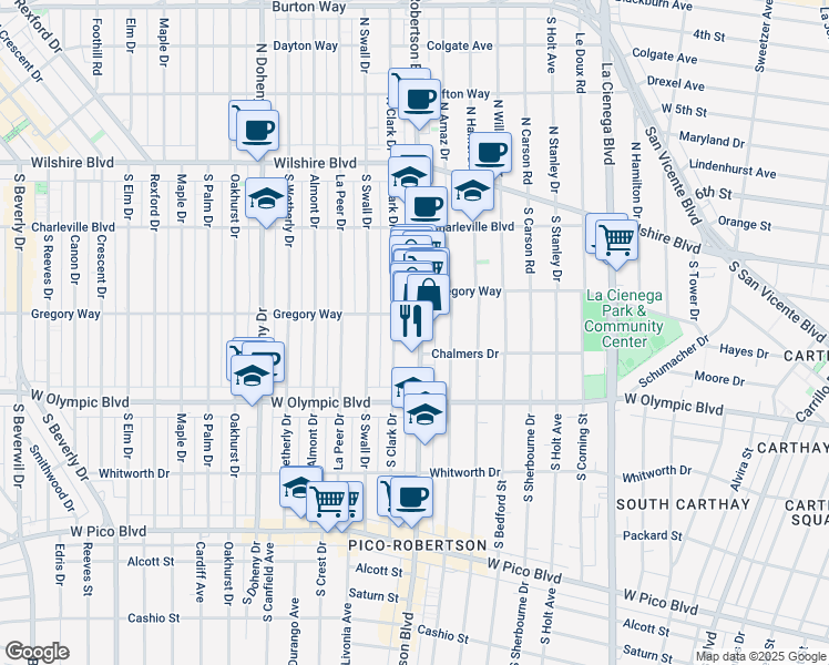 map of restaurants, bars, coffee shops, grocery stores, and more near 300 South Clark Drive in Beverly Hills