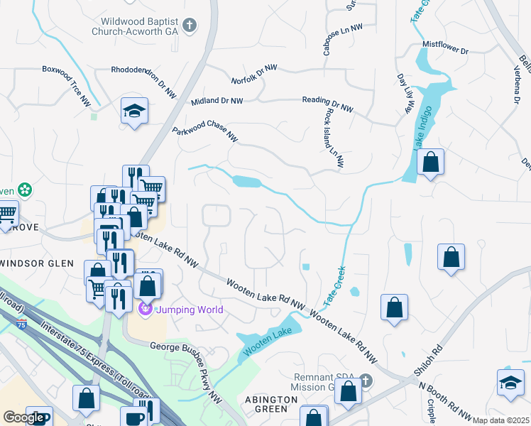 map of restaurants, bars, coffee shops, grocery stores, and more near 4344 White Surrey Drive Northwest in Kennesaw