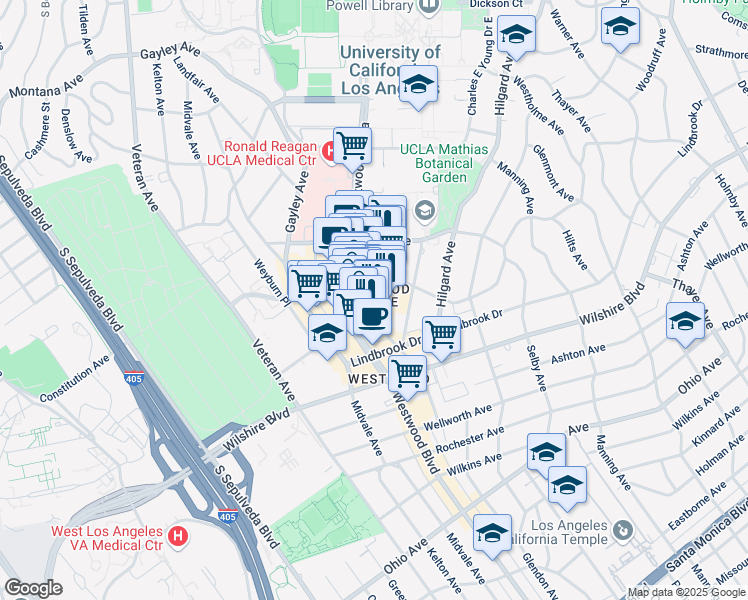 map of restaurants, bars, coffee shops, grocery stores, and more near 1051 Glendon Avenue in Los Angeles