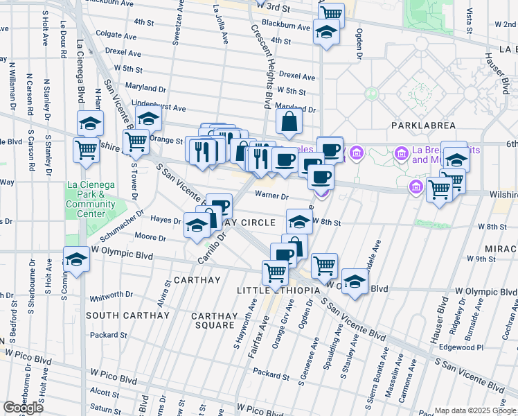 map of restaurants, bars, coffee shops, grocery stores, and more near 6255 Del Valle Drive in Los Angeles