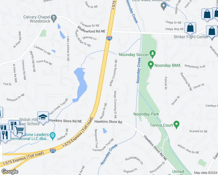 map of restaurants, bars, coffee shops, grocery stores, and more near 4559 Kings Crossing Drive Northeast in Kennesaw