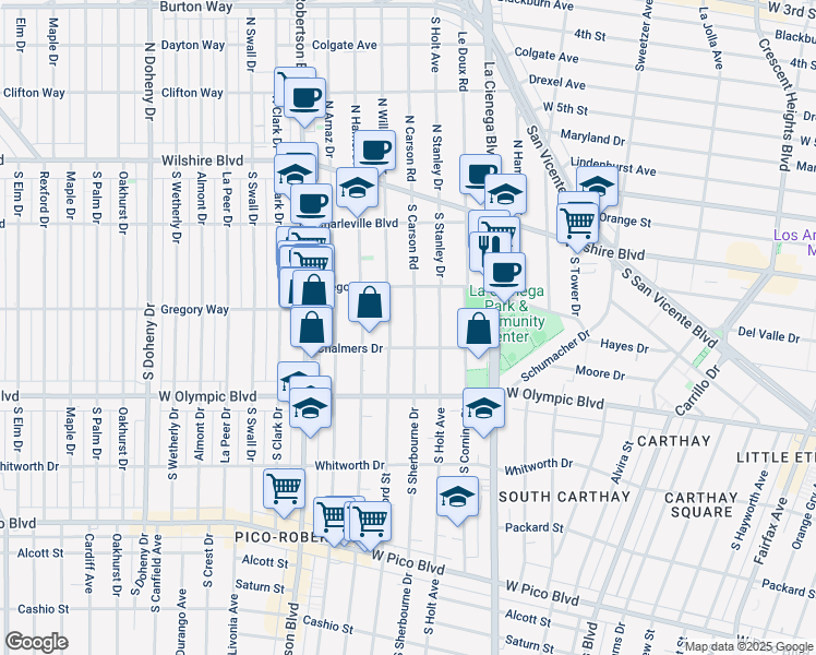 map of restaurants, bars, coffee shops, grocery stores, and more near 847 South Sherbourne Drive in Los Angeles