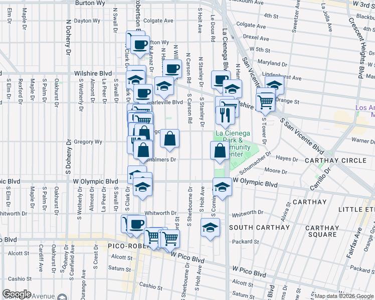 map of restaurants, bars, coffee shops, grocery stores, and more near 847 South Sherbourne Drive in Los Angeles