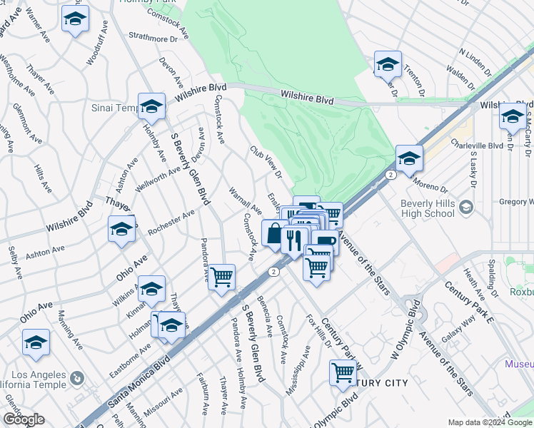 map of restaurants, bars, coffee shops, grocery stores, and more near 1630 Warnall Avenue in Los Angeles