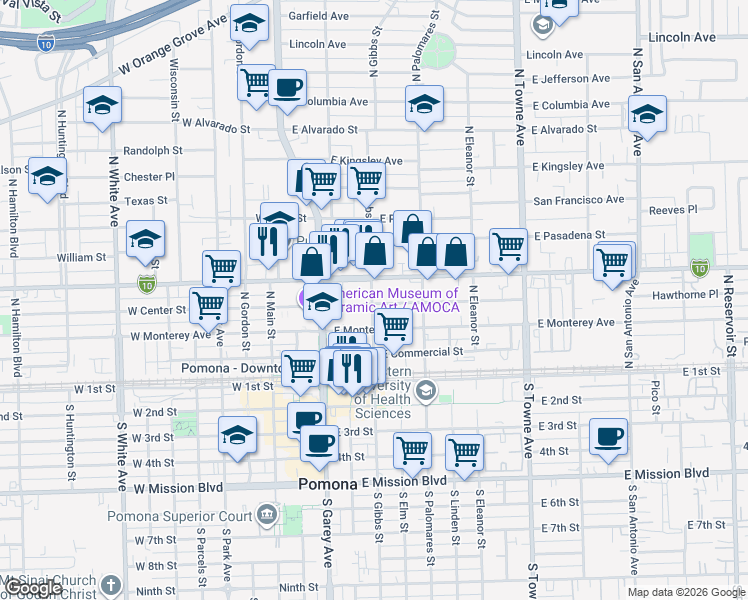 map of restaurants, bars, coffee shops, grocery stores, and more near 400 North Gibbs Street in Pomona