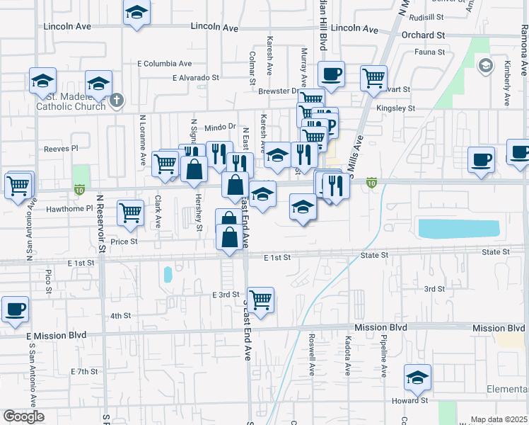 map of restaurants, bars, coffee shops, grocery stores, and more near 1444 East Holt Avenue in Pomona